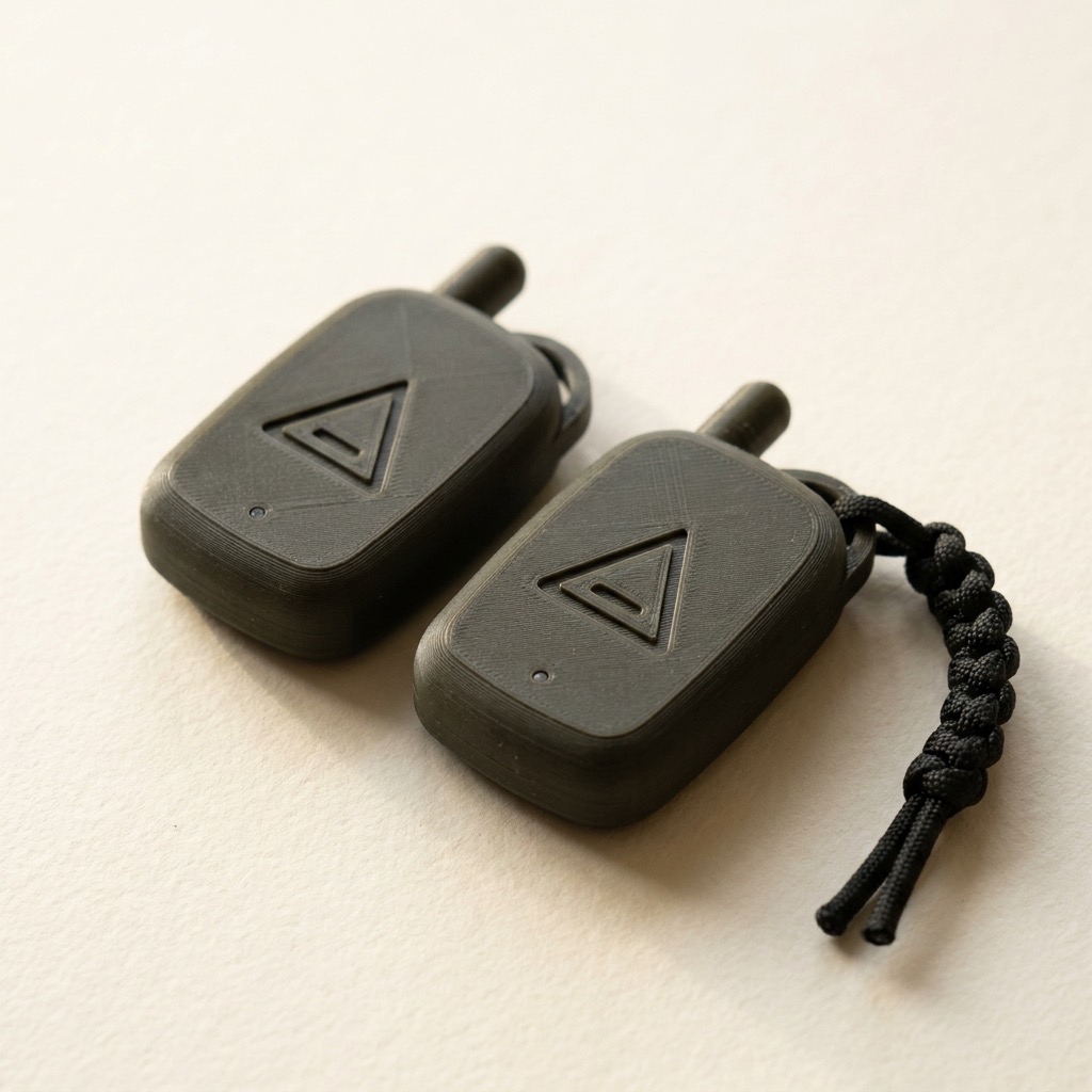 Two Alphatac Beacons, pocket radios the size of key fobs, one on a black paracord lanyard