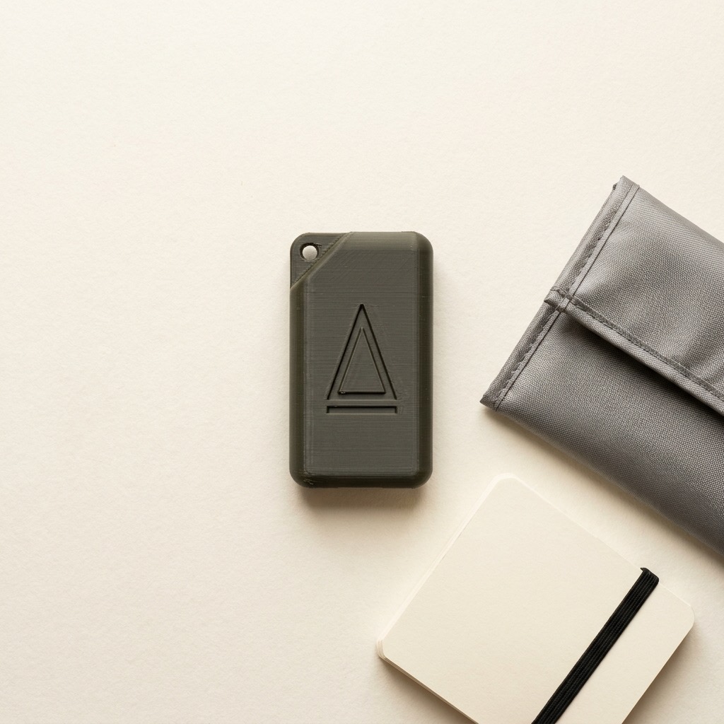 The Alphatac Drive in its printed sleeve, beside a Faraday pouch and a stack of printed cards