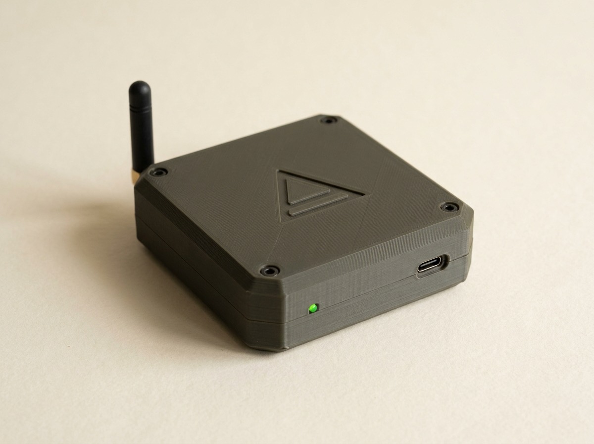 The Alphatac Node: a compact olive-charcoal 3D-printed enclosure with a stubby antenna, a green status light and a USB-C port, the Alphatac mark embossed on its lid