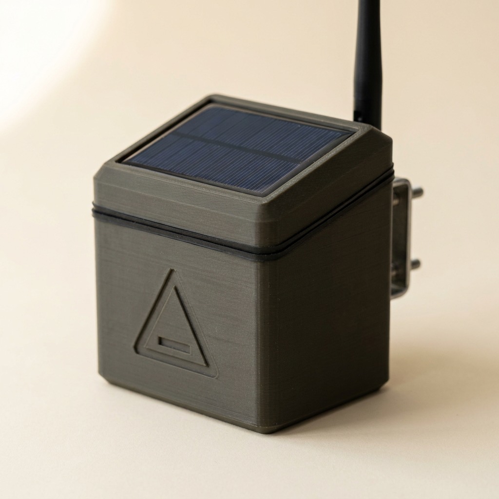 The Alphatac Relay, a weatherproof box with a solar panel in its lid, a whip antenna and a pole-mount bracket
